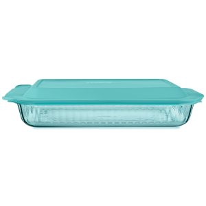 Pyrex® Sculpted Tinted Glass 3QT Oblong Baking Dish with Lid. Aqua