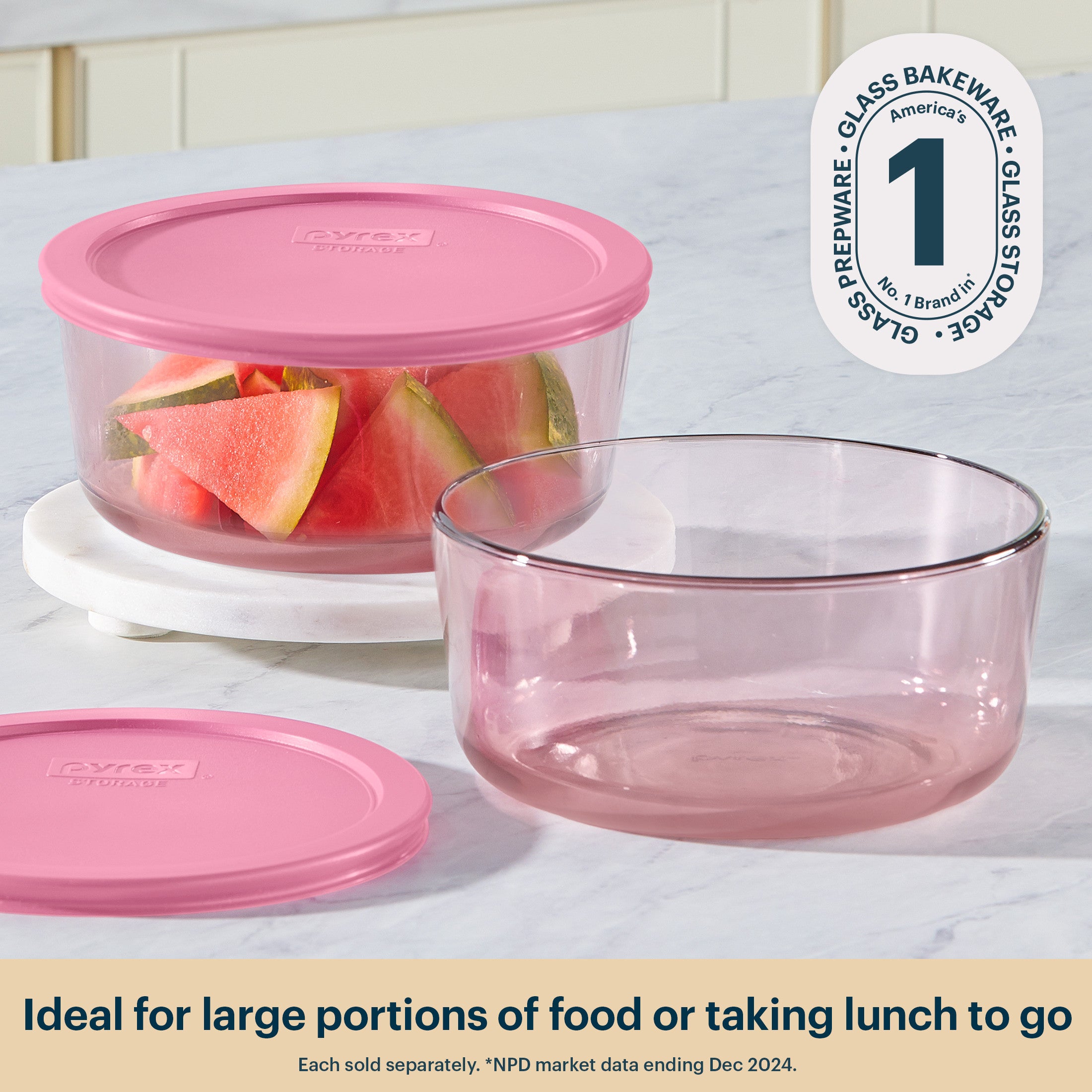 Pyrex® Simply Store® Tinted Glass 7-cup Round Storage Container with Lid. Pink - Image 3