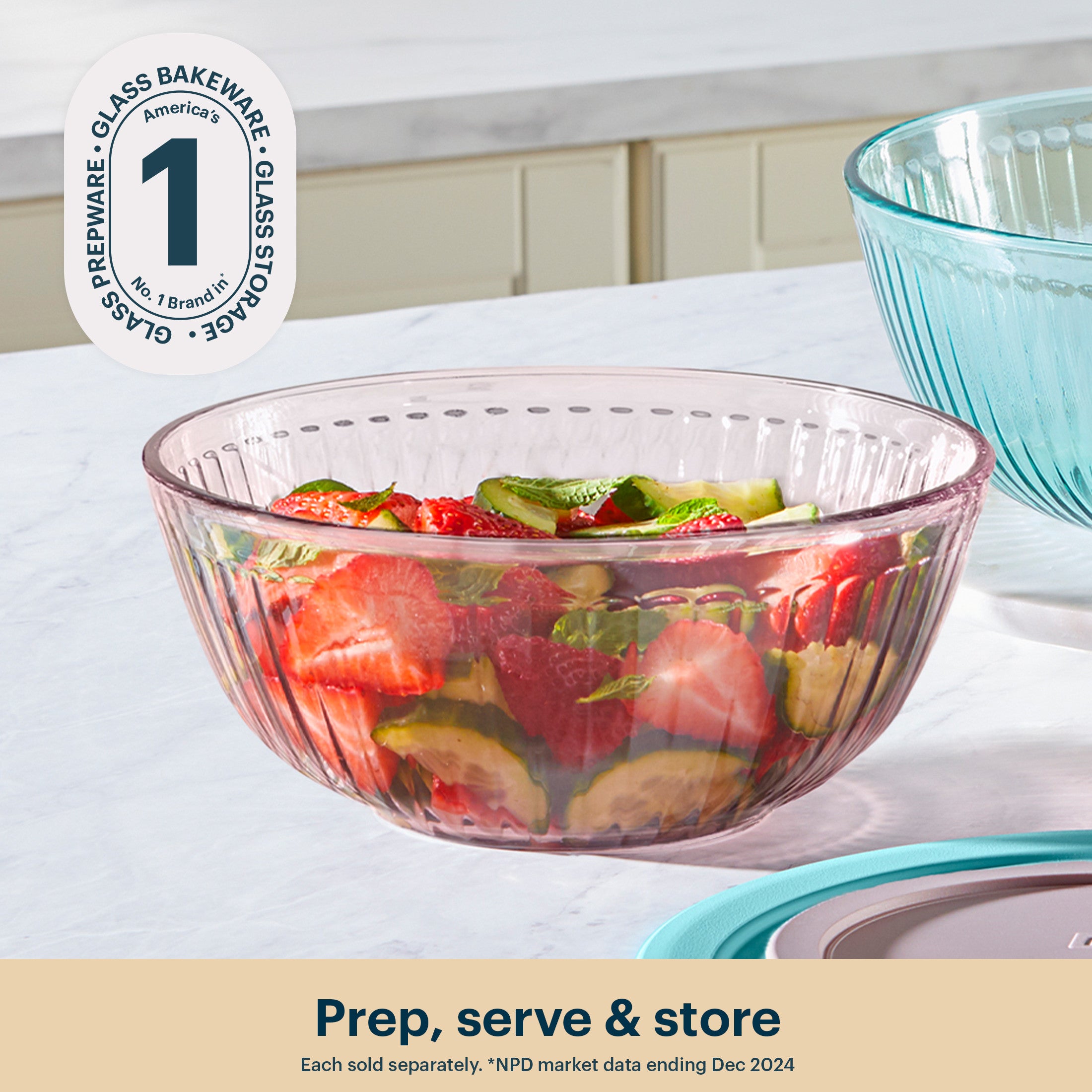 Pyrex® Sculpted Tinted Glass 2.3QT Mixing Bowl with Lid. Pink - Image 3