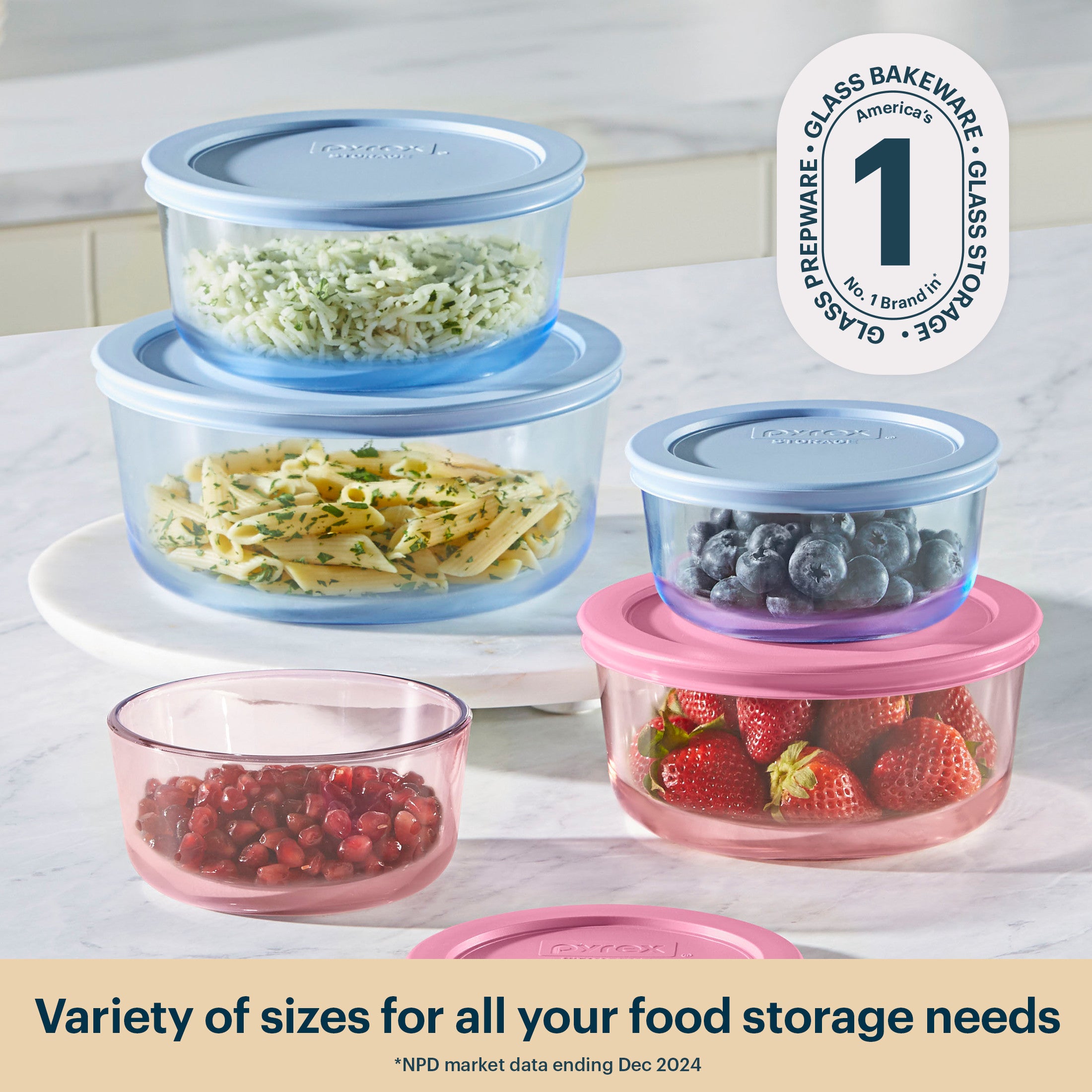 Pyrex® Simply Store® Tinted Glass Round Storage Containers. 10-pc Set. Mixed Colors - Image 2